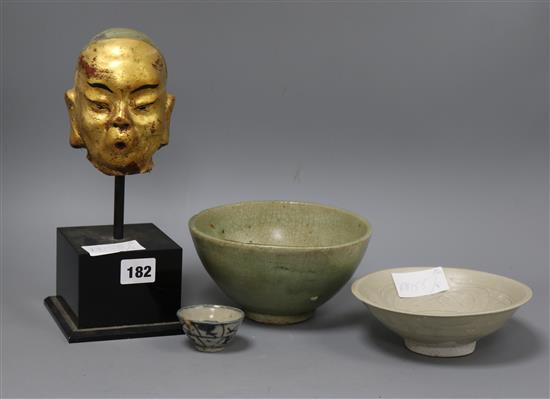 Five pieces of Chinese ceramics and a gilded head tallest 26.5cm